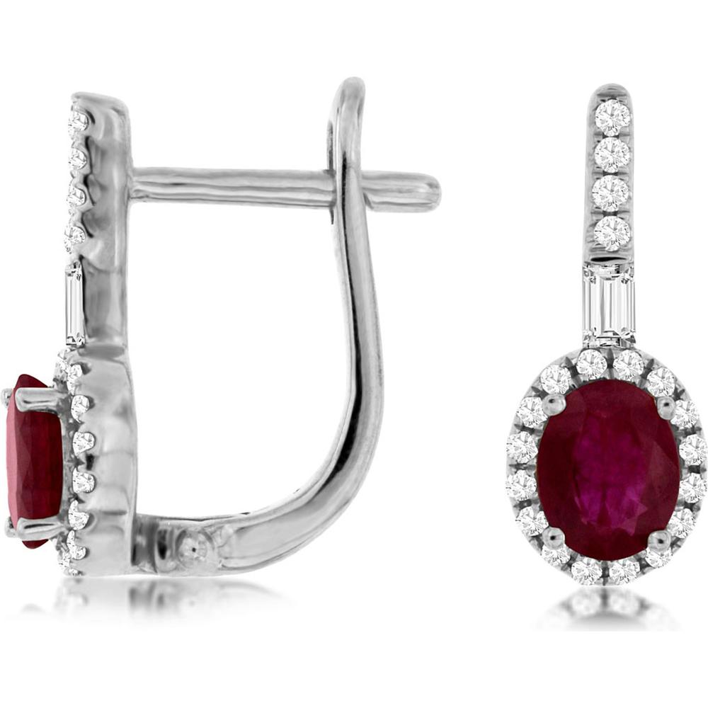 14K White Gold Ruby & Diamond Halo Earrings with Oval Rubies and Baguette Diamonds - 1.64 Carats Total Gem Weight