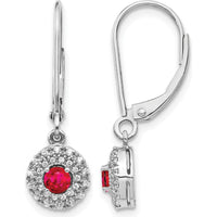14K White Gold Ruby and Diamond Halo Leverback Dangle Earrings - 0.2 Carat Ruby, 0.08 Carat Diamond Total Weight by Monteluci Fine Jewelry
