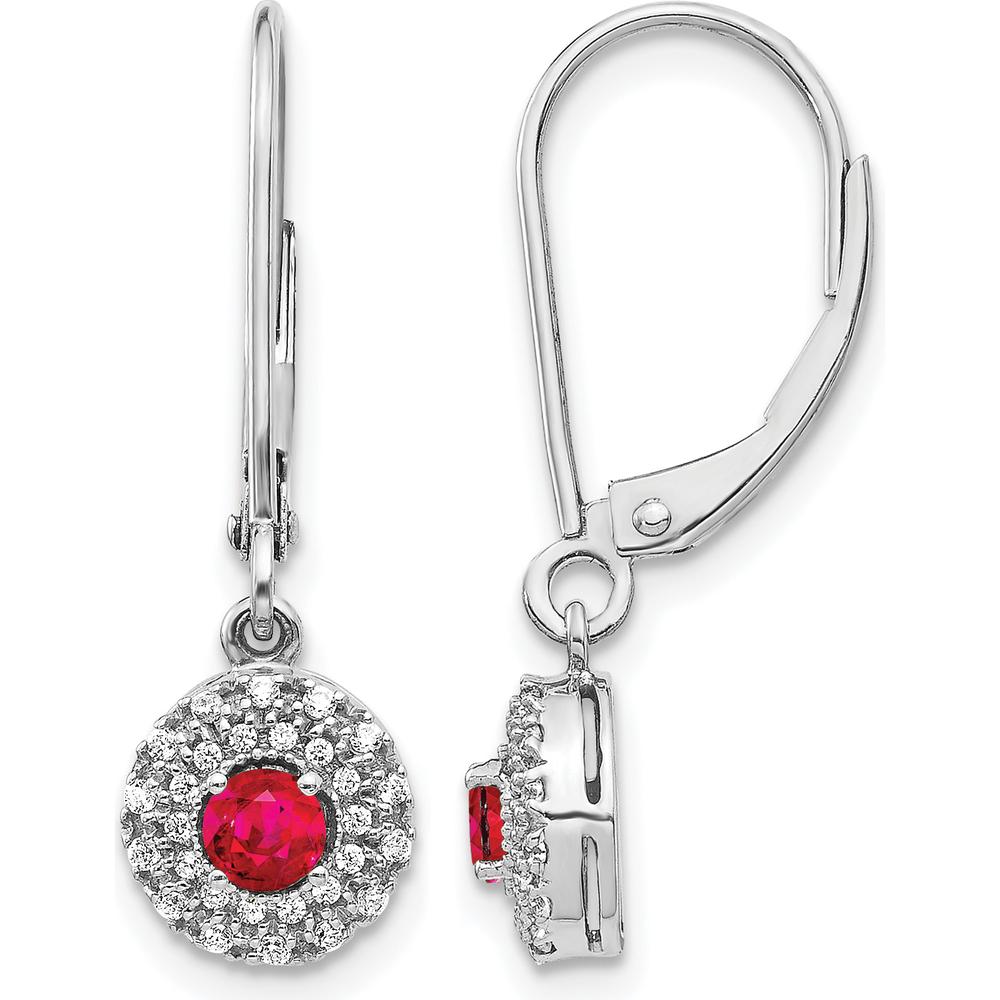 14K White Gold Ruby and Diamond Halo Leverback Dangle Earrings - 0.2 Carat Ruby, 0.08 Carat Diamond Total Weight by Monteluci Fine Jewelry