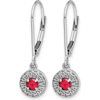 14K White Gold Ruby and Diamond Halo Leverback Dangle Earrings - 0.2 Carat Ruby, 0.08 Carat Diamond Total Weight by Monteluci Fine Jewelry