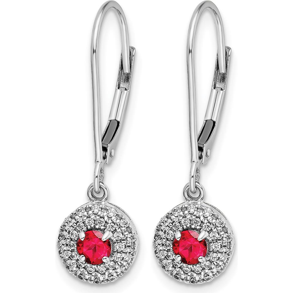 14K White Gold Ruby and Diamond Halo Leverback Dangle Earrings - 0.2 Carat Ruby, 0.08 Carat Diamond Total Weight by Monteluci Fine Jewelry