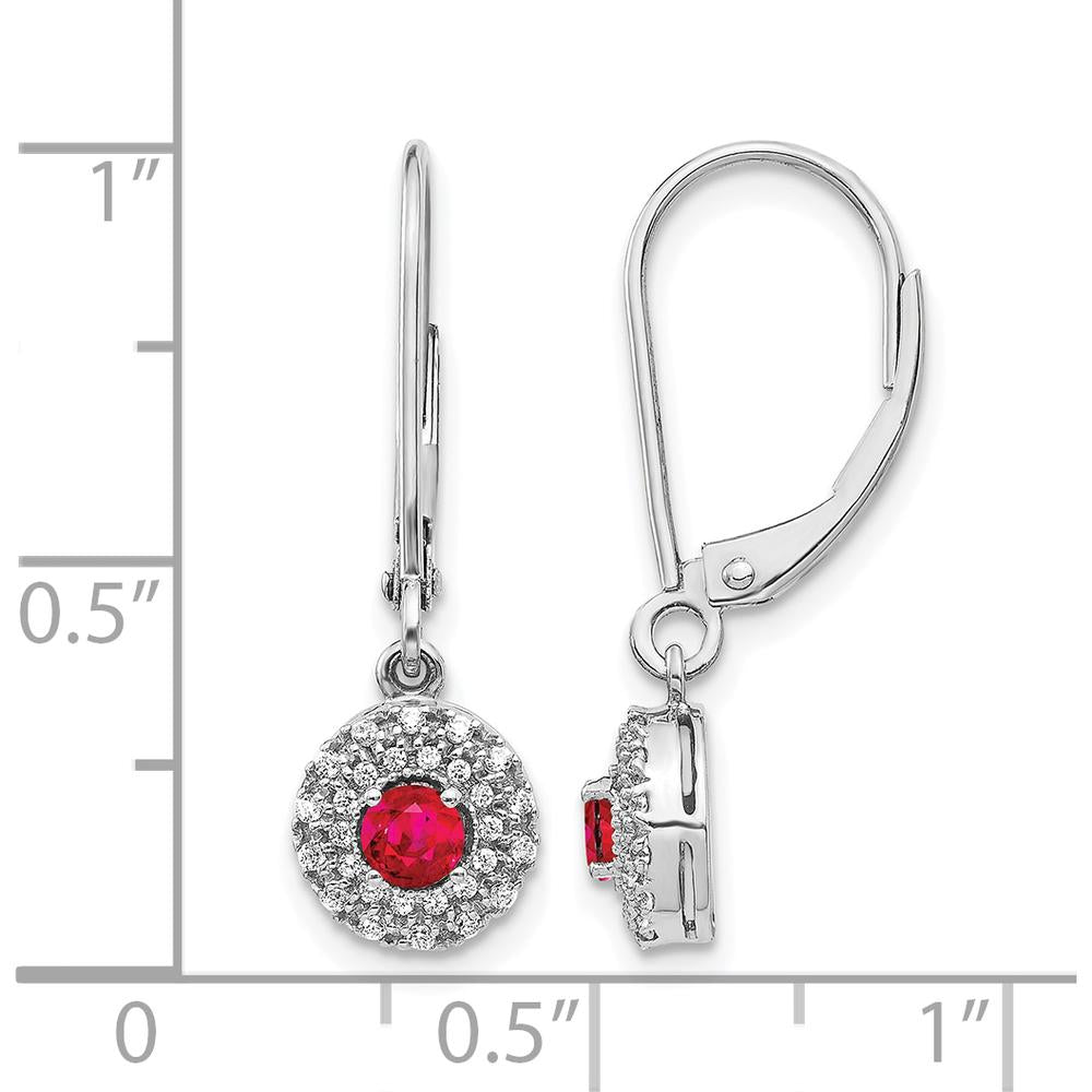 14K White Gold Ruby and Diamond Halo Leverback Dangle Earrings - 0.2 Carat Ruby, 0.08 Carat Diamond Total Weight by Monteluci Fine Jewelry