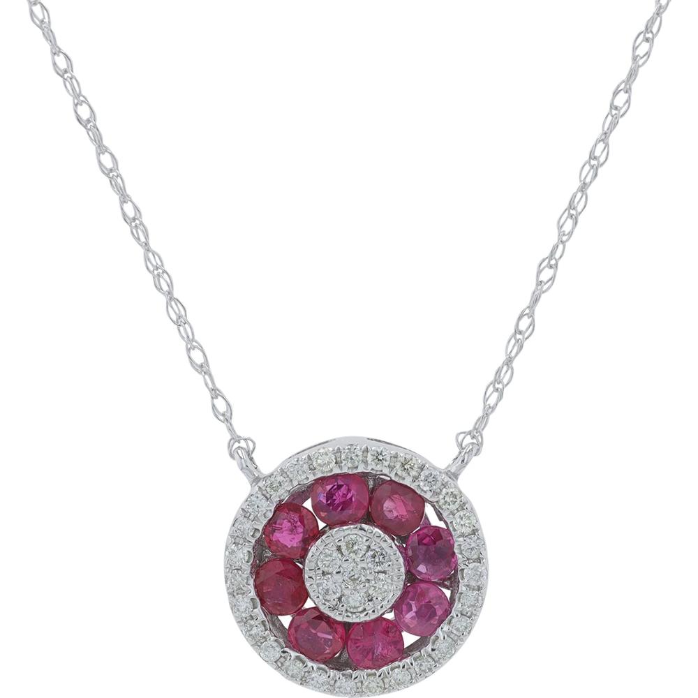 14K White Gold Ruby and Diamond Halo Necklace - 0.30ct-0.50 Carat Total Ruby Weight, 0.15 Carat Total Diamond Weight