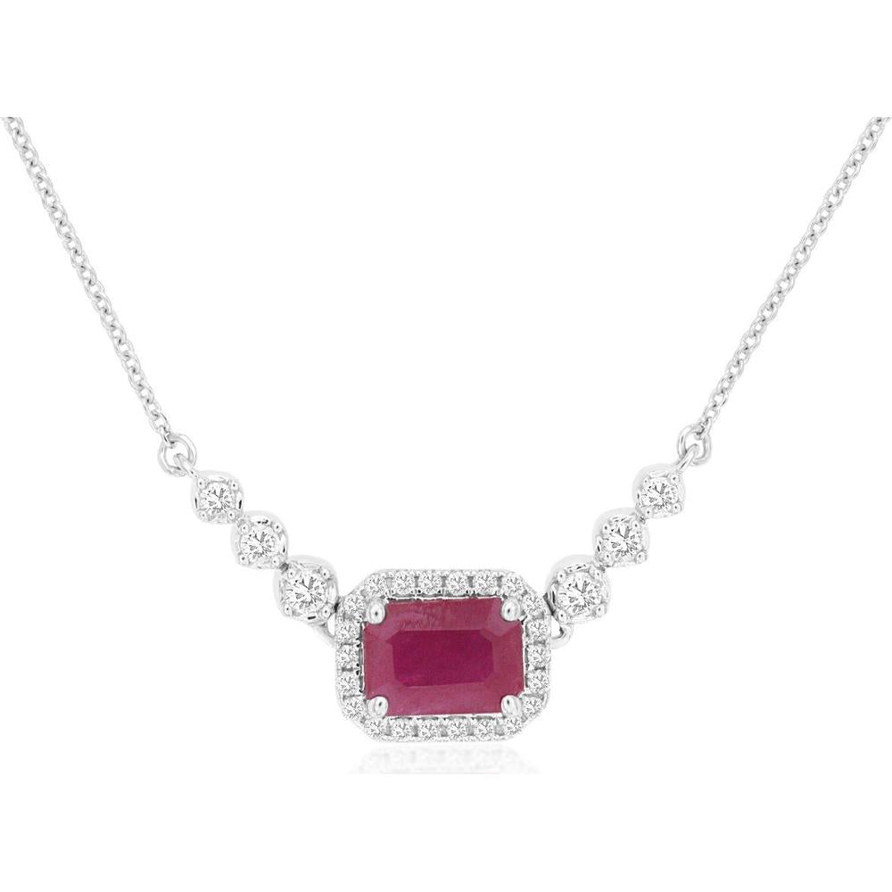 14K White Gold Ruby & Diamond Halo Necklace with Step-Cut Center and Bezel-Set Accents - 1.10 Carat Ruby, 0.25 Carat Diamond Total Weight - Royal Jewelry