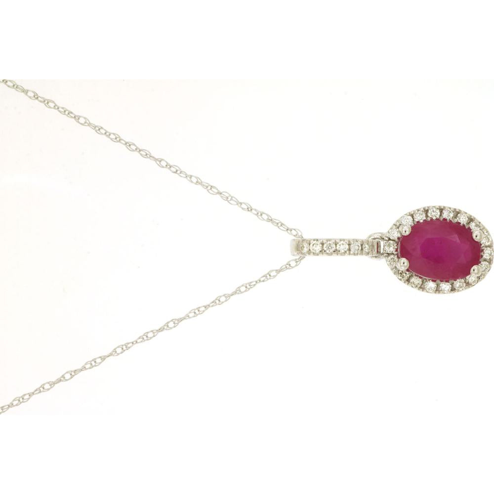 14K White Gold Ruby & Diamond Halo Pendant - 0.90 Carats Ruby, 0.12 Carats Diamond Total Weight