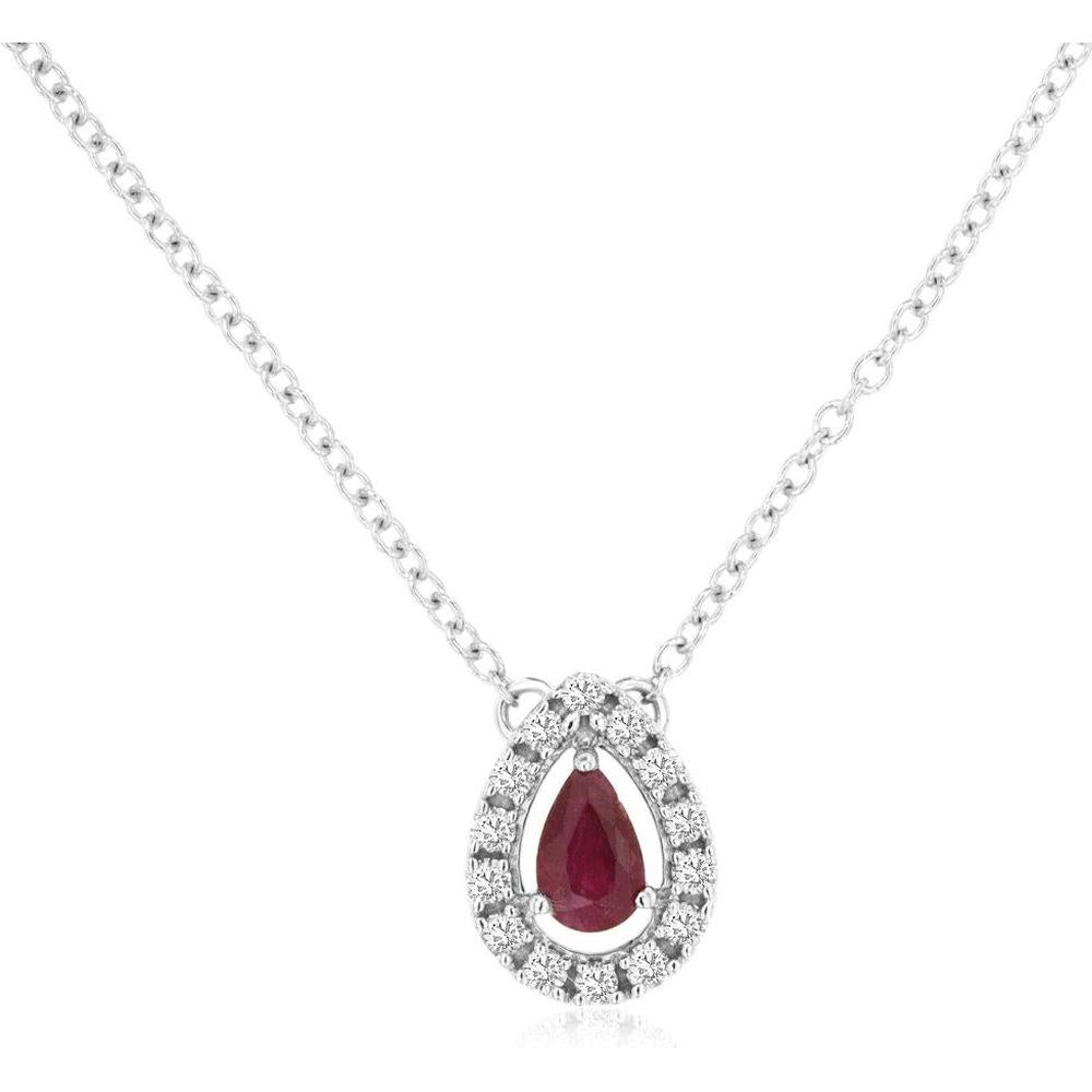 14K White Gold Ruby and Diamond Halo Pendant Necklace - 0.24 Carats Ruby, 0.14 Carats Diamond Weight