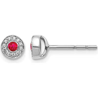14K White Gold Ruby and Diamond Halo Post Earrings - 0.055 Carat Ruby and 0.0029 Carat Diamond Total Weight by Monteluci Fine Jewelry