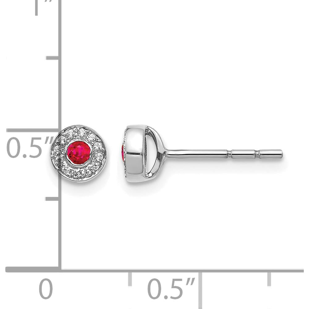 14K White Gold Ruby and Diamond Halo Post Earrings - 0.055 Carat Ruby and 0.0029 Carat Diamond Total Weight by Monteluci Fine Jewelry
