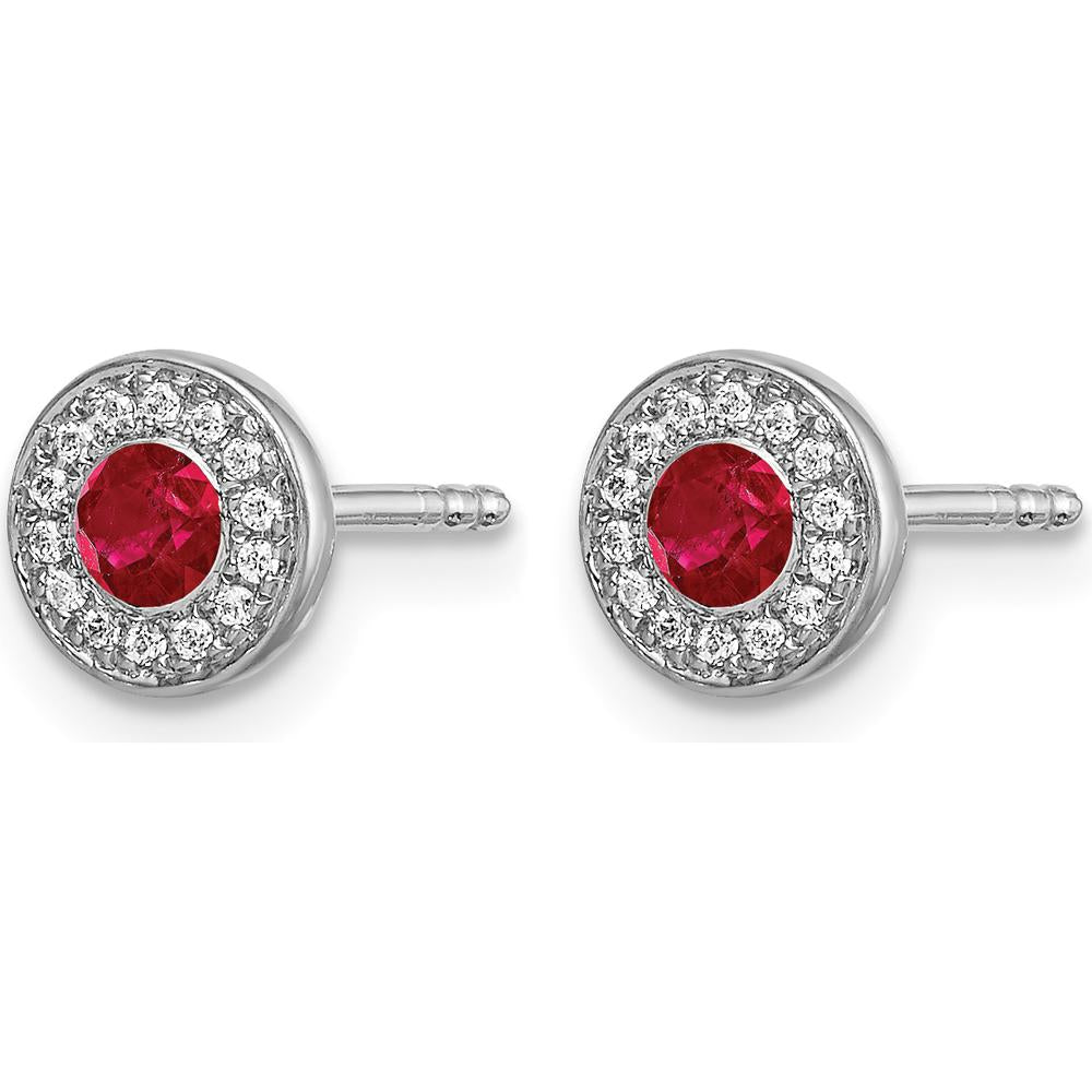 14K White Gold Ruby and Diamond Halo Post Earrings - 0.13 Carat Ruby Weight by Monteluci Fine Jewelry