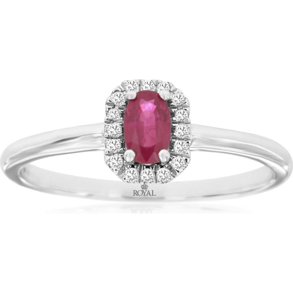 14K White Gold Ruby & Diamond Halo Ring - 0.25 Carats Ruby, 0.06 Carats Total Diamond Weight