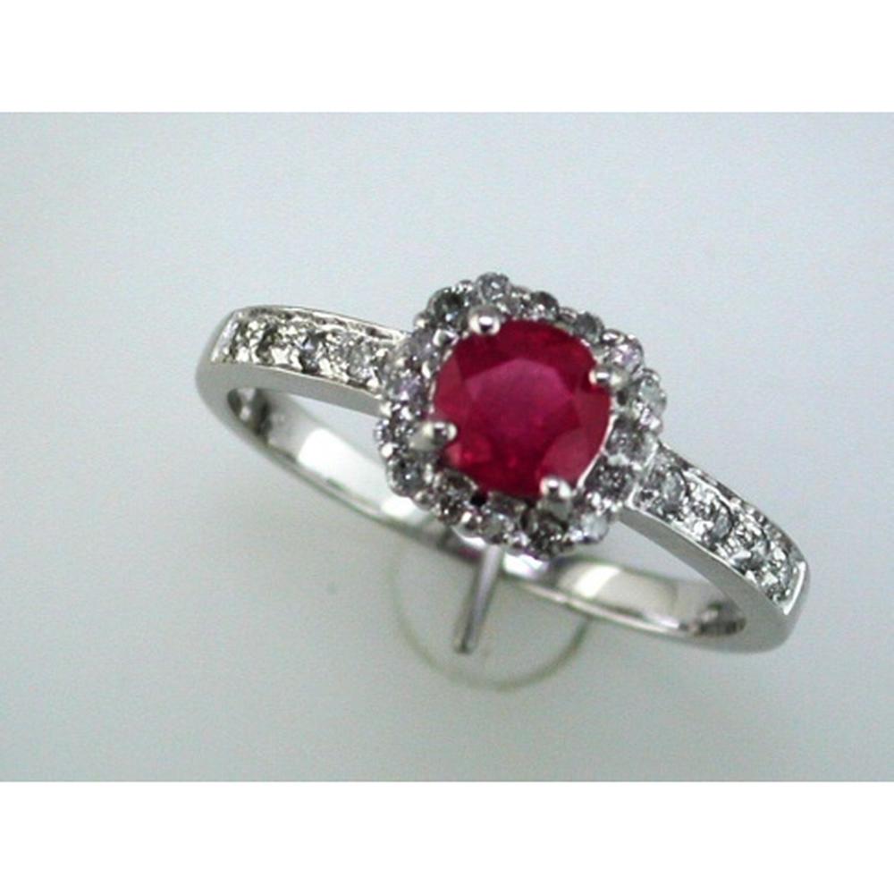 14K White Gold Ruby and Diamond Halo Ring - 0.50 Carats Ruby, 0.20 Carats Total Diamond Weight