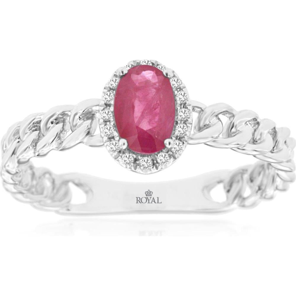 14K White Gold Ruby & Diamond Halo Ring - 0.56 Carats Ruby, 0.07 Carats Total Diamond Weight