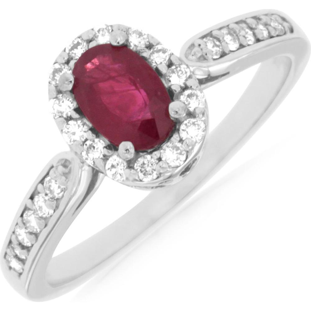 14K White Gold Ruby & Diamond Halo Ring - 0.56 Carats Ruby, 0.26 Carats Diamond Total Weight