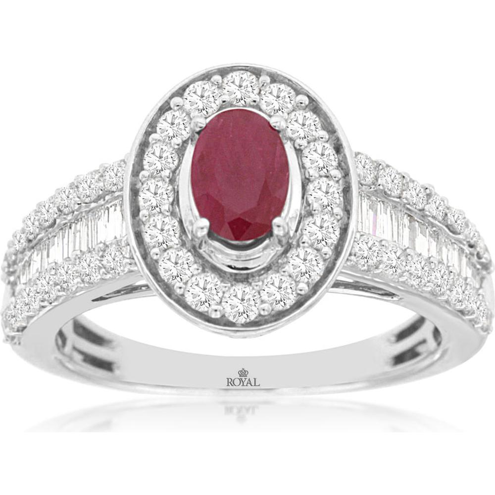 14K White Gold Ruby & Diamond Halo Ring - 0.56 Carats Ruby, 1.00 Carats Total Diamond Weight
