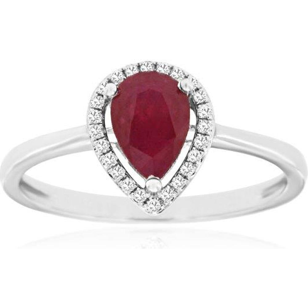 14K White Gold Ruby & Diamond Halo Ring - 0.75 Carats Ruby, 0.08 Carats Total Diamond Weight