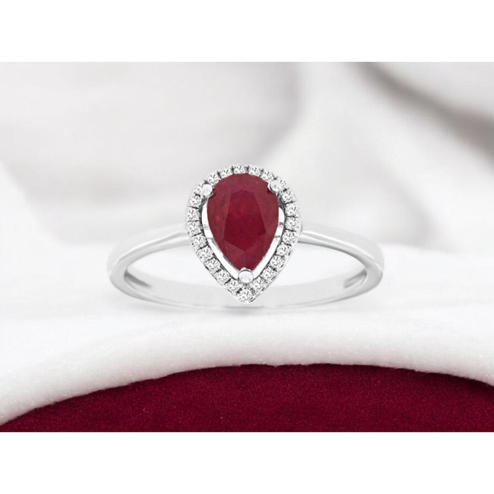 14K White Gold Ruby & Diamond Halo Ring - 0.75 Carats Ruby, 0.08 Carats Total Diamond Weight