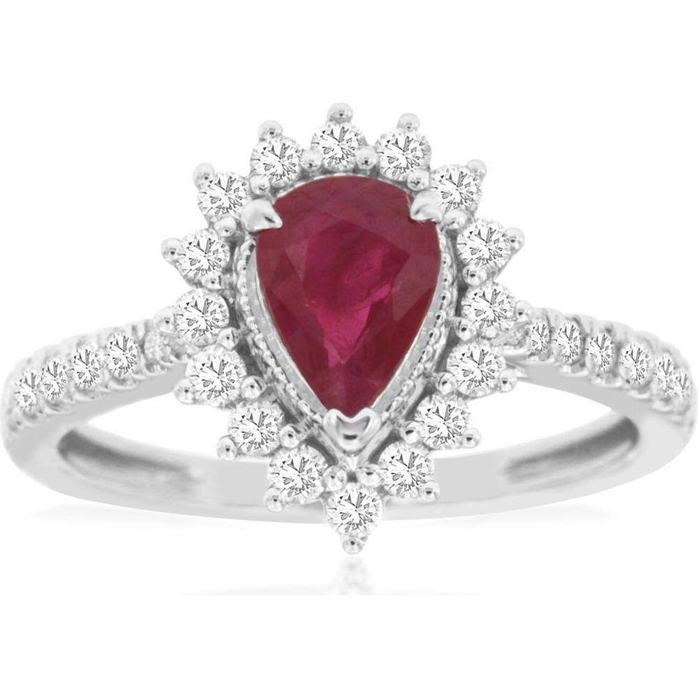 14K White Gold Ruby and Diamond Halo Ring - 1.25 Carats Total Ruby and Diamond Weight