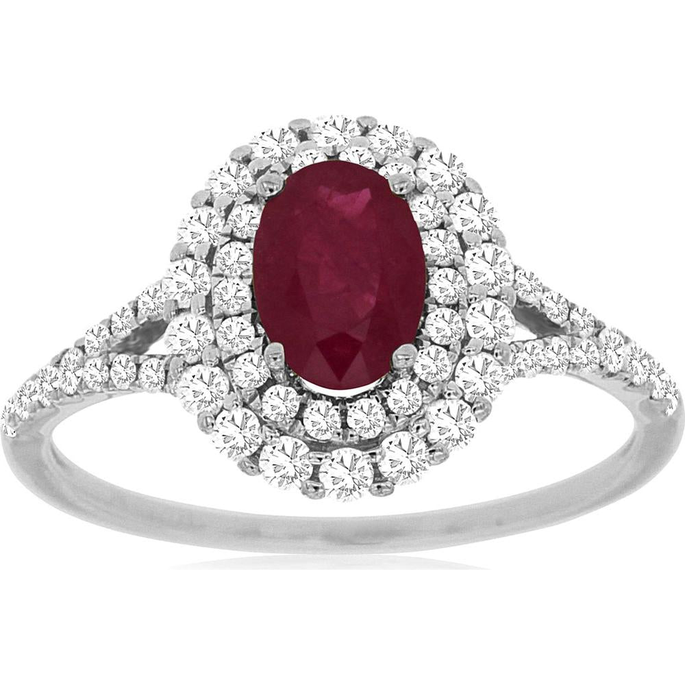 14K White Gold Ruby and Diamond Halo Ring - 1.40 Carats Total Gem Weight