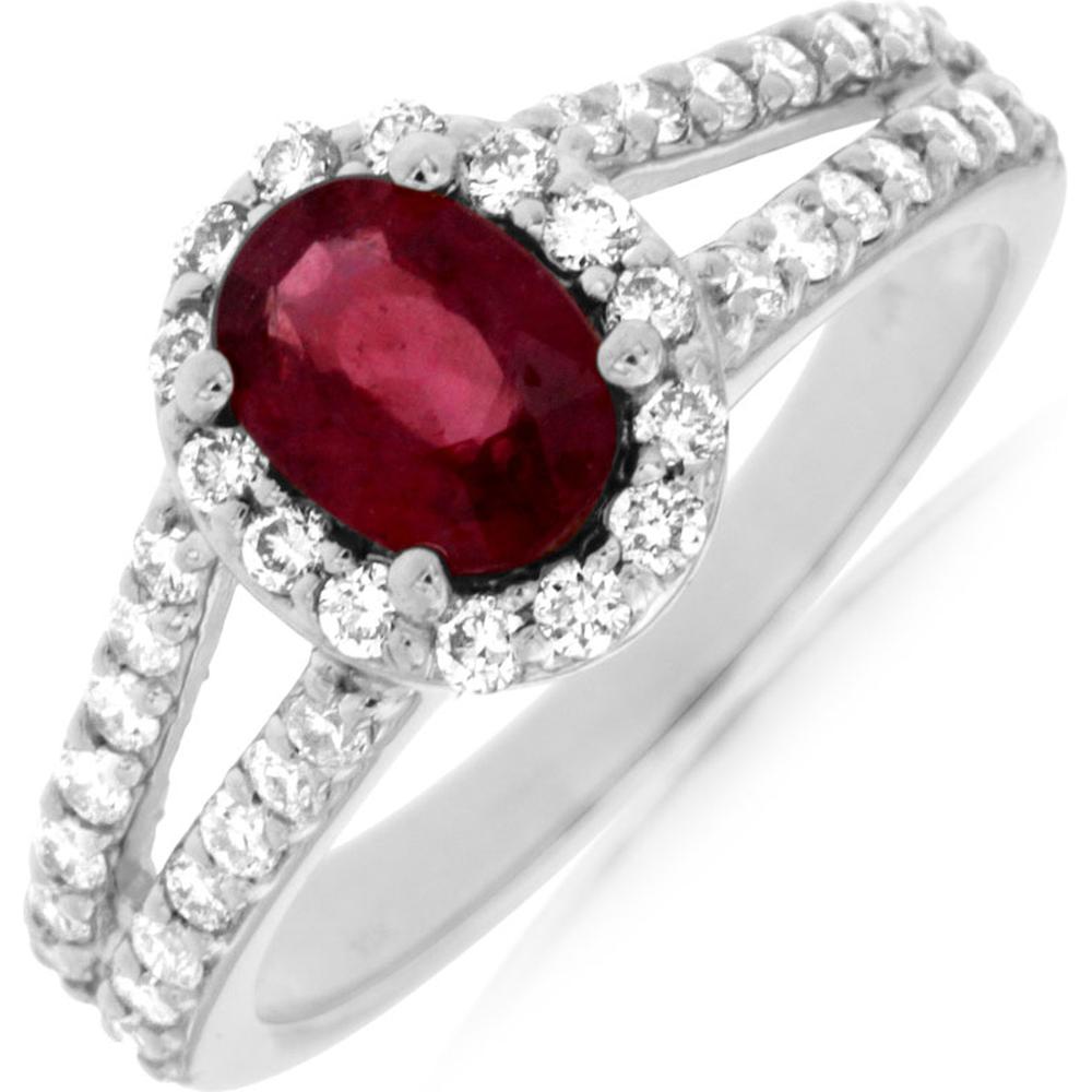14K White Gold Ruby & Diamond Halo Ring - 1.55 Carats Total Weight