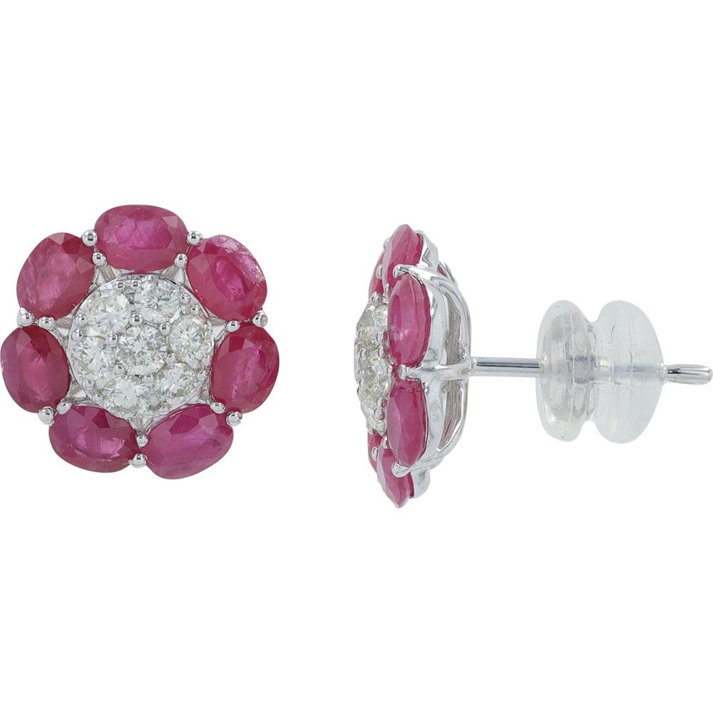 14K White Gold Ruby and Diamond Halo Stud Earrings - 2.65 Carat Total Ruby Weight, 0.50 Carat Total Diamond Weight