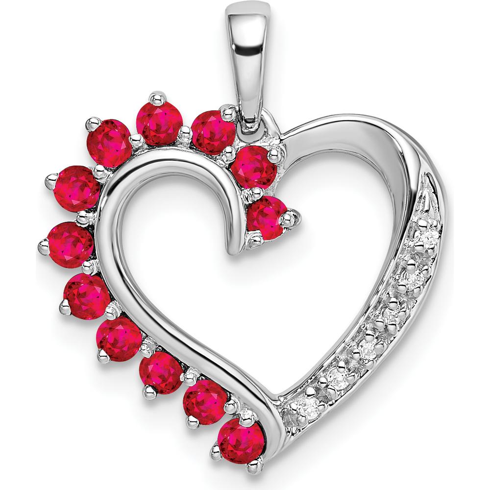 14K White Gold Ruby and Diamond Heart Pendant - 0.05 Carat Total Ruby Weight, 0.03 Carat Total Diamond Weight by Oro Pregiato
