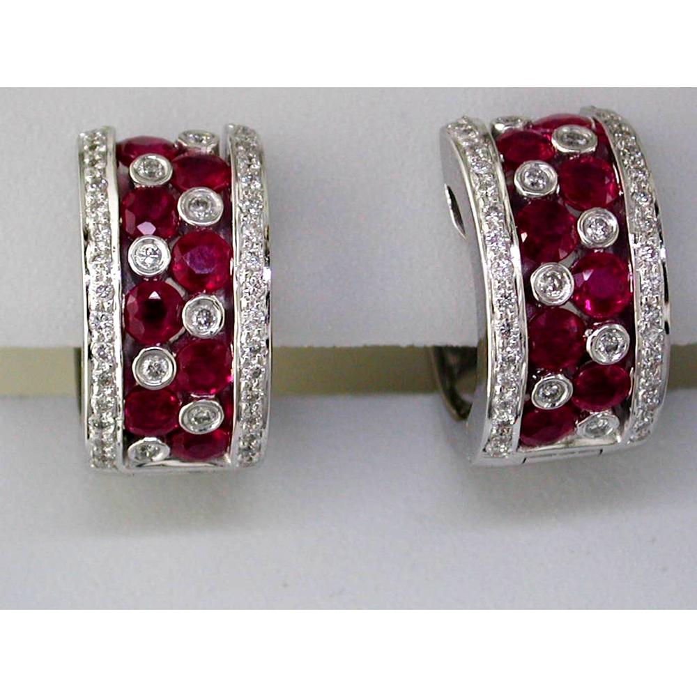 14K White Gold Ruby & Diamond Huggie Earrings - 1.45 Carats Total Ruby & Diamond Weight