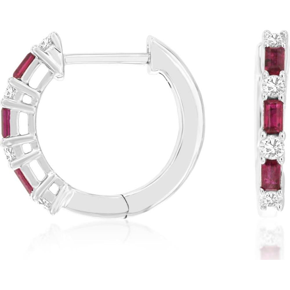 14K White Gold Ruby and Diamond Huggie Earrings with Rectangular Rubies and Round Diamond Accents - 0.33 Carat Total Ruby Weight and 0.20 Carat Total Diamond Weight - Royal Jewelry