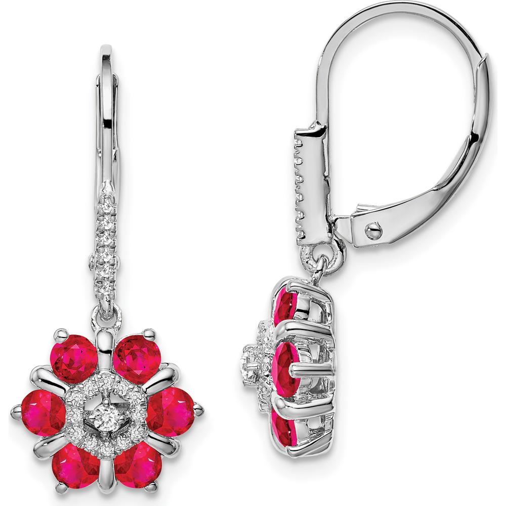 14K White Gold Ruby and Diamond Leverback Earrings - 0.0954 Carat Ruby, 0.022 Carat Diamond Total Weight by Monteluci Fine Jewelry