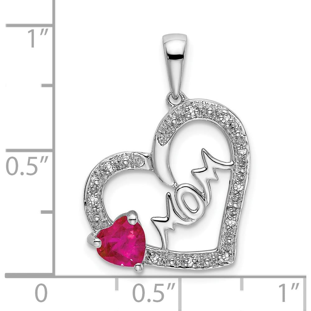 14K White Gold Ruby and Diamond "MOM" Heart Pendant - 0.58 Carat Total Ruby and Diamond Weight by Lumare Gioia