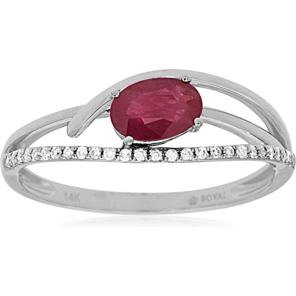 14K White Gold Ruby and Diamond Oval Ring - 0.55 Carats Ruby, 0.08 Carats Diamond Total Weight