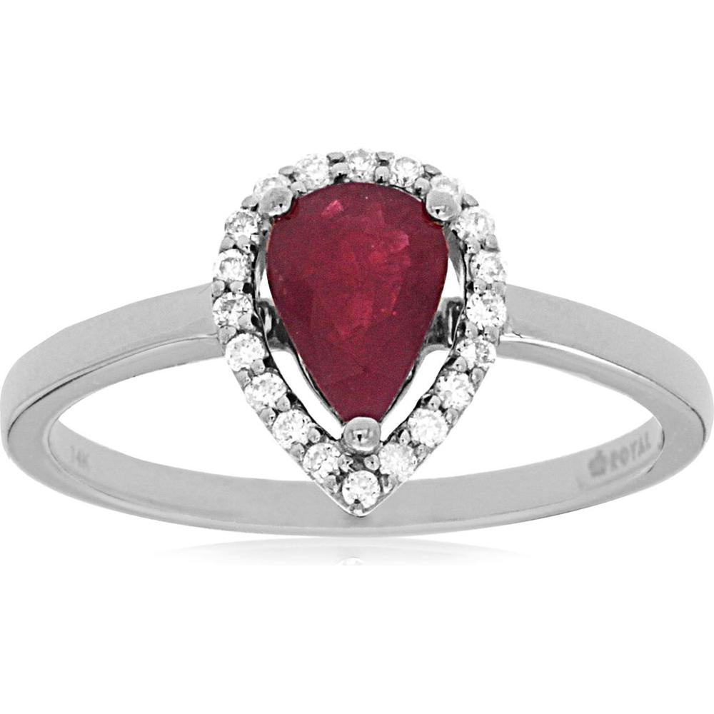 14K White Gold Ruby and Diamond Pear-Shaped Halo Ring - 0.75 Carats Ruby, 0.12 Carats Total Diamond Weight