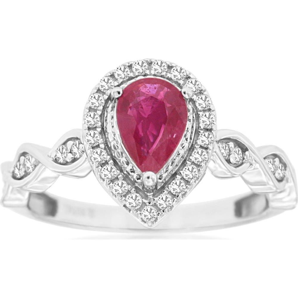 14K White Gold Ruby & Diamond Pear-Shaped Halo Ring - 1.01 Carats Total Gem Weight