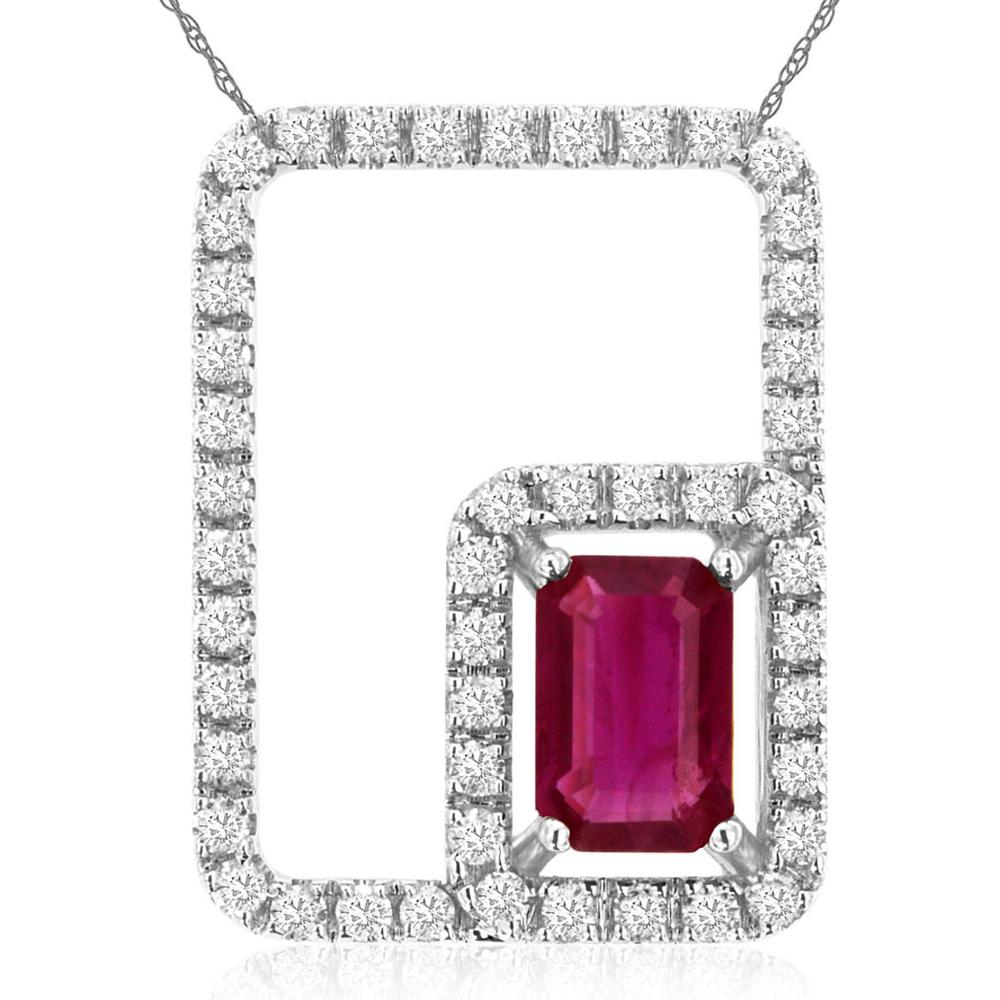 14K White Gold Ruby & Diamond Pendant with Emerald Cut Ruby - 0.63 Carats Ruby, 0.33 Carats Diamond Total Weight