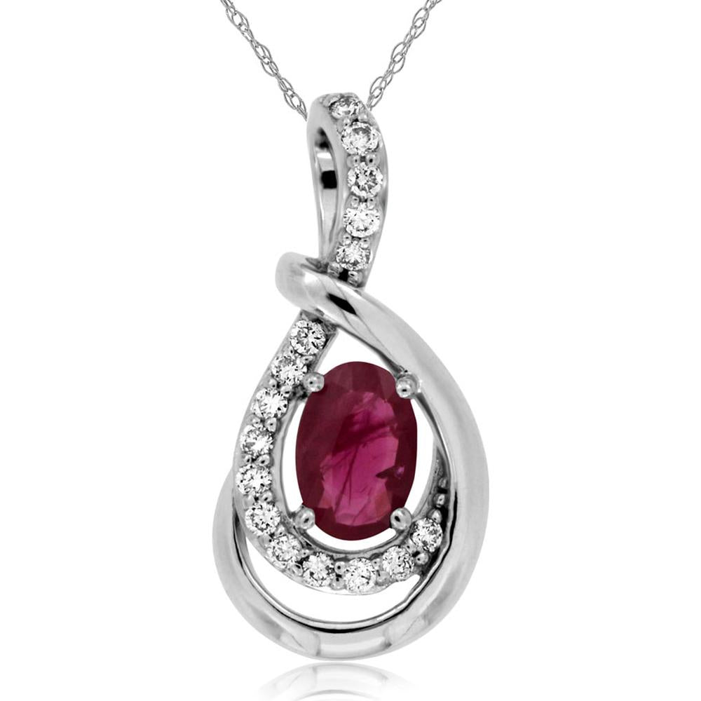 14K White Gold Ruby & Diamond Pendant with Oval Ruby - 0.56 Carats Ruby, 0.13 Carats Diamond Total Weight