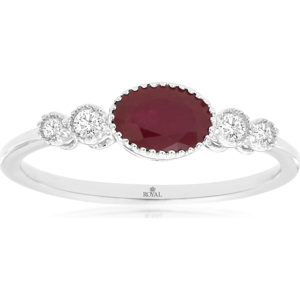 14K White Gold Ruby & Diamond Ring with Milgrain Detail - 0.60 Carats Ruby, 0.09 Carats Diamond Total Weight