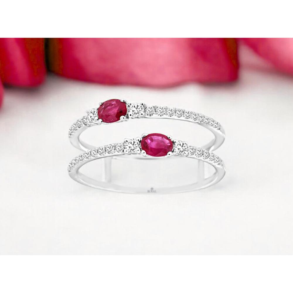 14K White Gold Ruby & Diamond Ring with Oval Rubies and Round Diamonds - 1.04 Carats Total Ruby Weight, 0.27 Carats Total Diamond Weight