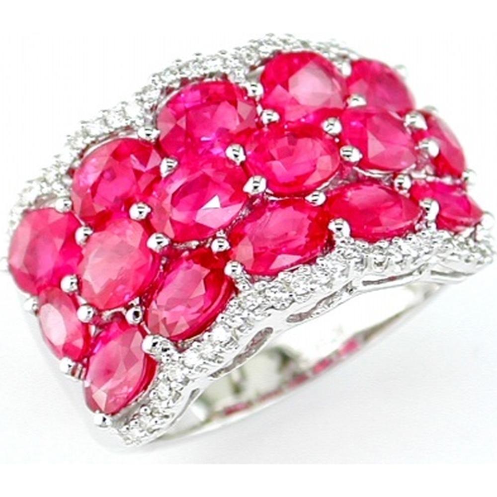 14K White Gold Ruby & Diamond Ring with Oval Rubies and Round Diamonds - 6.40 Carats Total Gemstone Weight