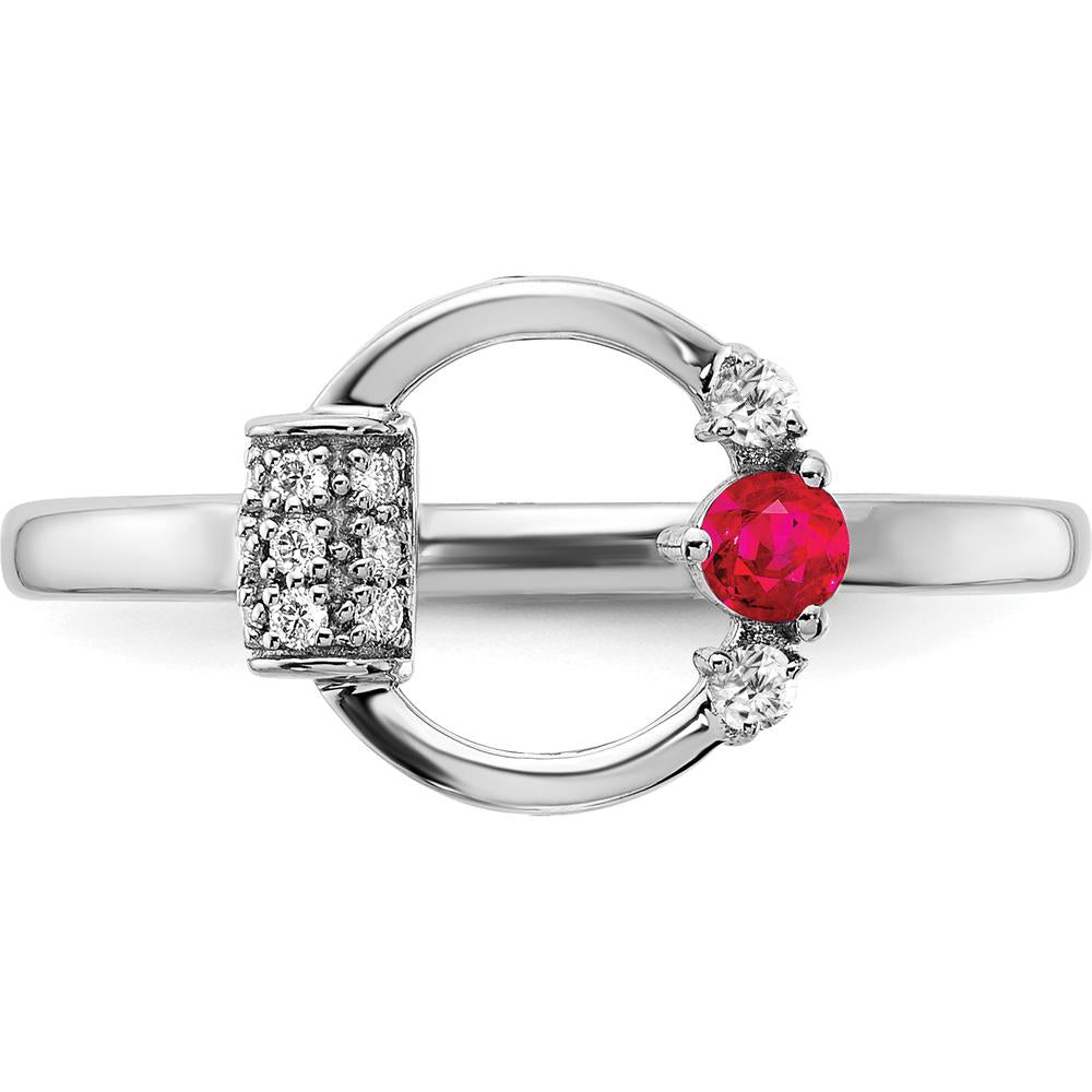 14K White Gold Ruby and Diamond Ring with Pave and Prong Set Round Diamonds - 0.12 Carat Total Gemstone Weight by 0