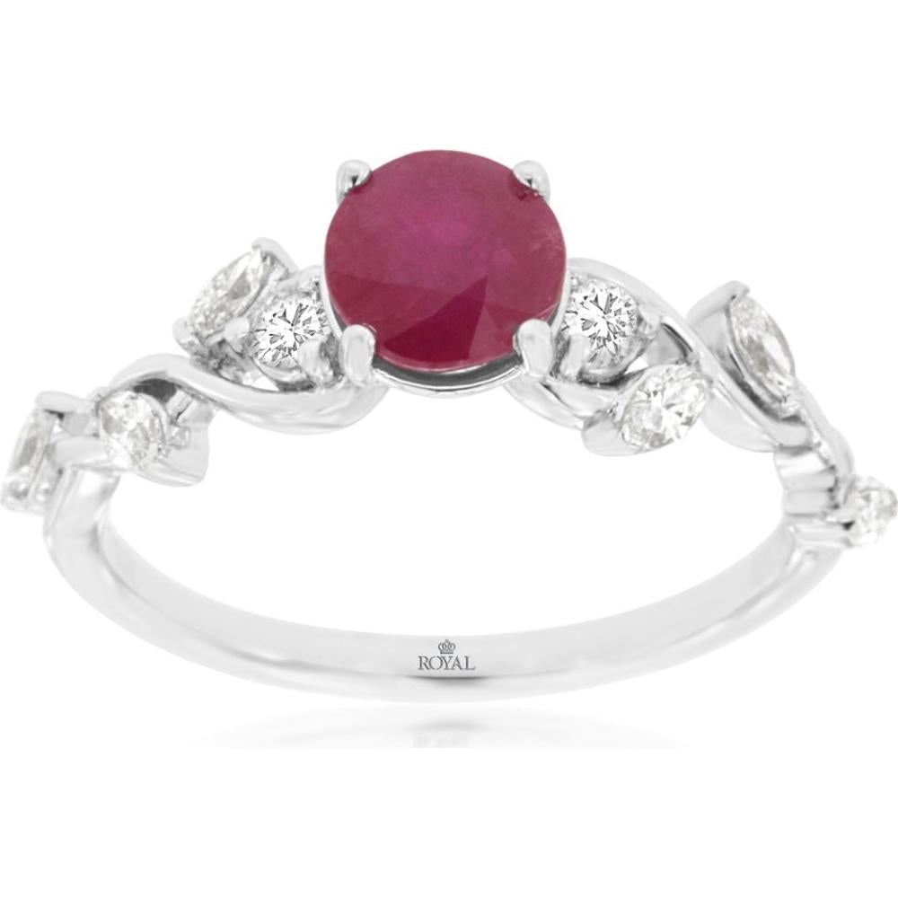14K White Gold Ruby and Diamond Ring with Round Ruby Center Stone and Diamond Accents - 1.10 Carat Ruby Weight and 0.33 Carat Total Diamond Weight - Royal Jewelry