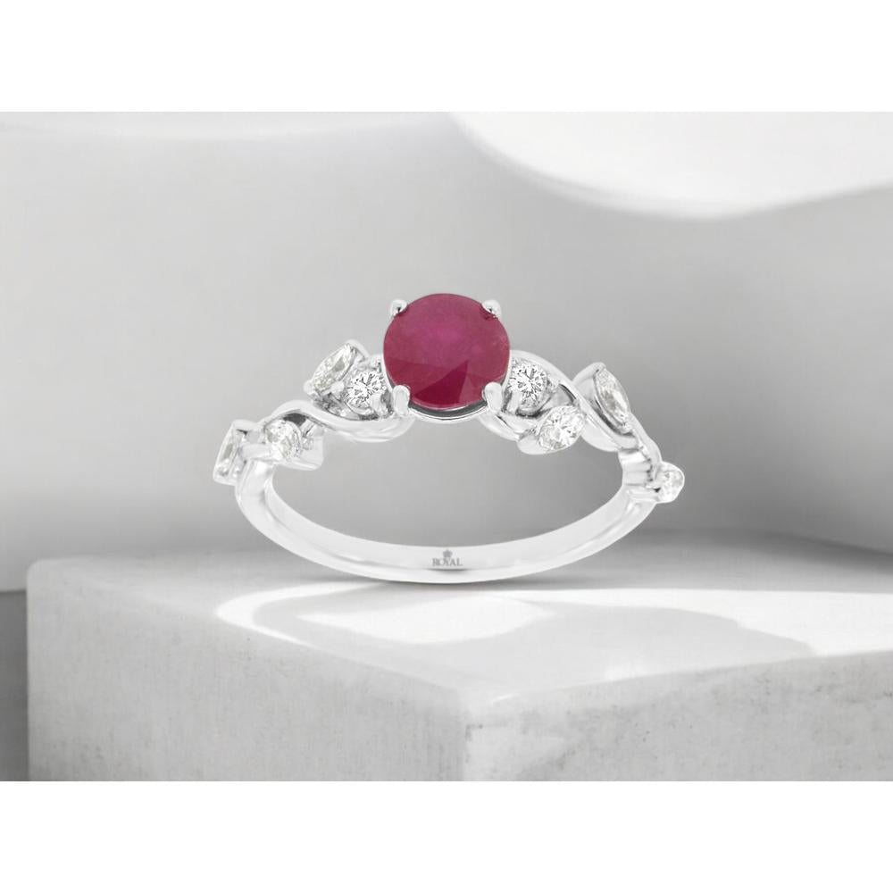 14K White Gold Ruby and Diamond Ring with Round Ruby Center Stone and Diamond Accents - 1.10 Carat Ruby Weight and 0.33 Carat Total Diamond Weight - Royal Jewelry