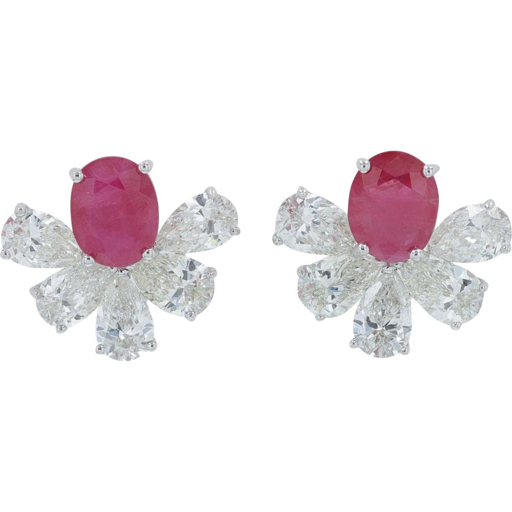 14K White Gold Ruby and Diamond Stud Earrings - 0.85 Carat Total Ruby, 1.30 Carat Total Diamond