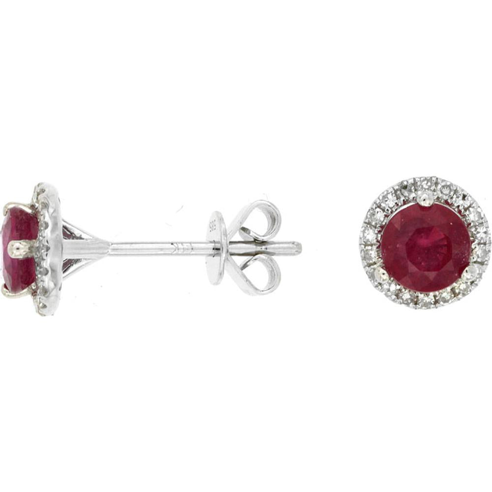 14K White Gold Ruby & Diamond Stud Earrings with Round Rubies - 0.80 Carats Total Ruby Weight