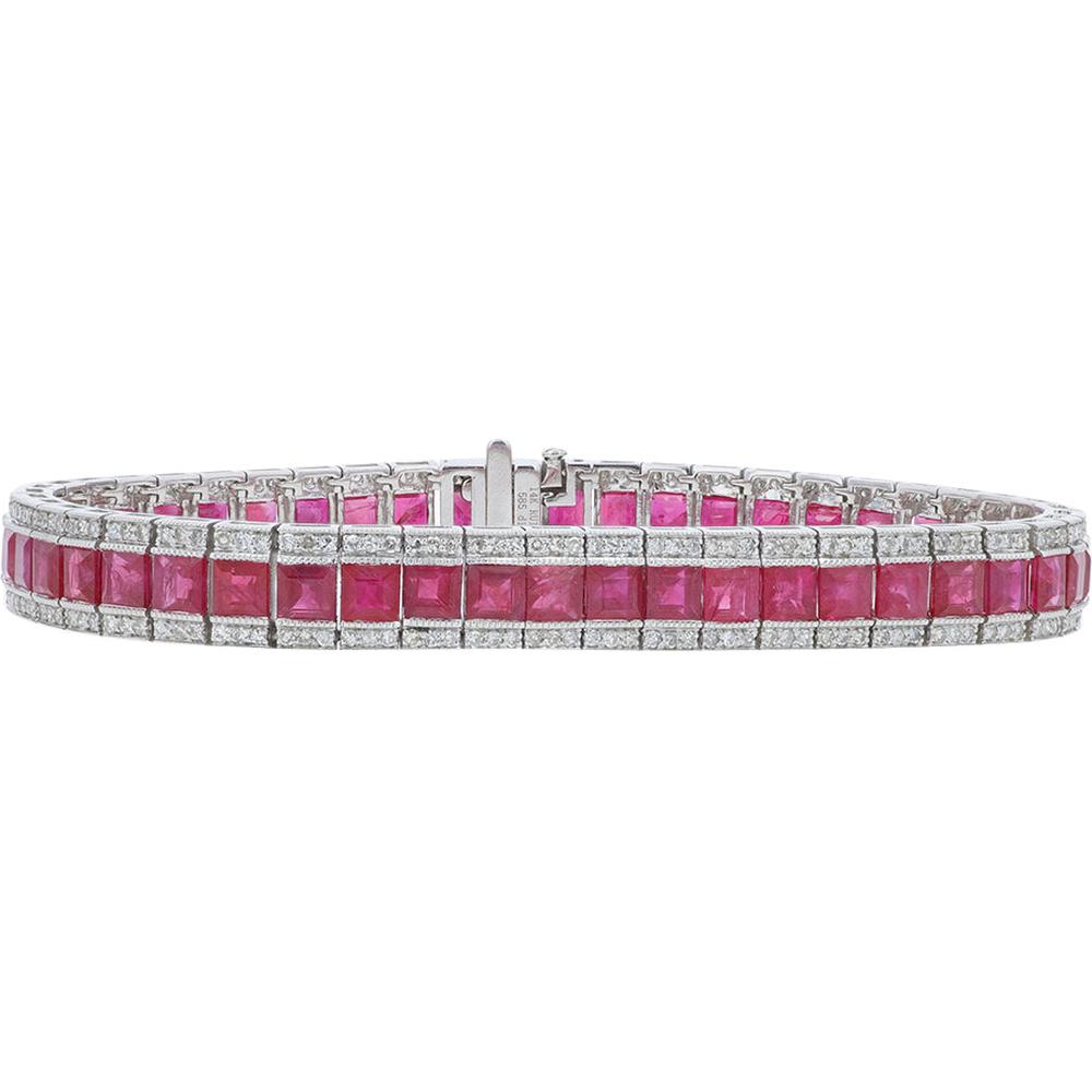 14K White Gold Ruby and Diamond Tennis Bracelet - 16.13 Carat Total Gemstone Weight