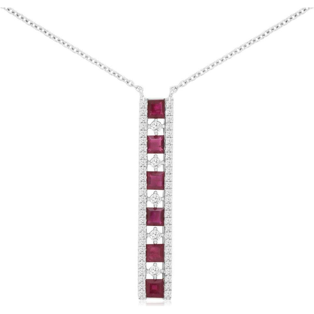 14K White Gold Ruby and Diamond Vertical Pendant Necklace with 1.20 Carat Rubies and 0.40 Carat Total Diamond Weight - Royal Jewelry