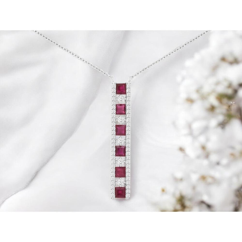 14K White Gold Ruby and Diamond Vertical Pendant Necklace with 1.20 Carat Rubies and 0.40 Carat Total Diamond Weight - Royal Jewelry