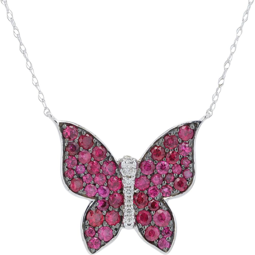 14K White Gold Ruby Butterfly Necklace with Diamond Accents - 1.50 Carat Total Ruby Weight