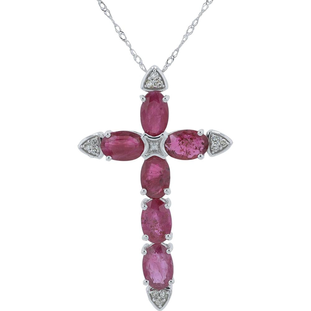 14K White Gold Ruby Cross Pendant with Diamond Accents - 3.30 Carat Total Ruby Weight