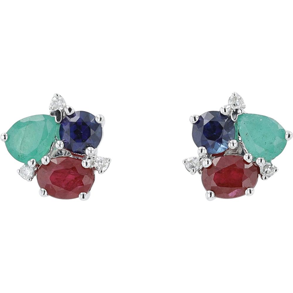 14K White Gold Ruby, Emerald, and Sapphire Cluster Stud Earrings with Diamond Accent - 1.00 Carats Total Gemstone Weight