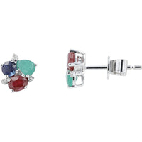 14K White Gold Ruby, Emerald, and Sapphire Cluster Stud Earrings with Diamond Accent - 1.00 Carats Total Gemstone Weight