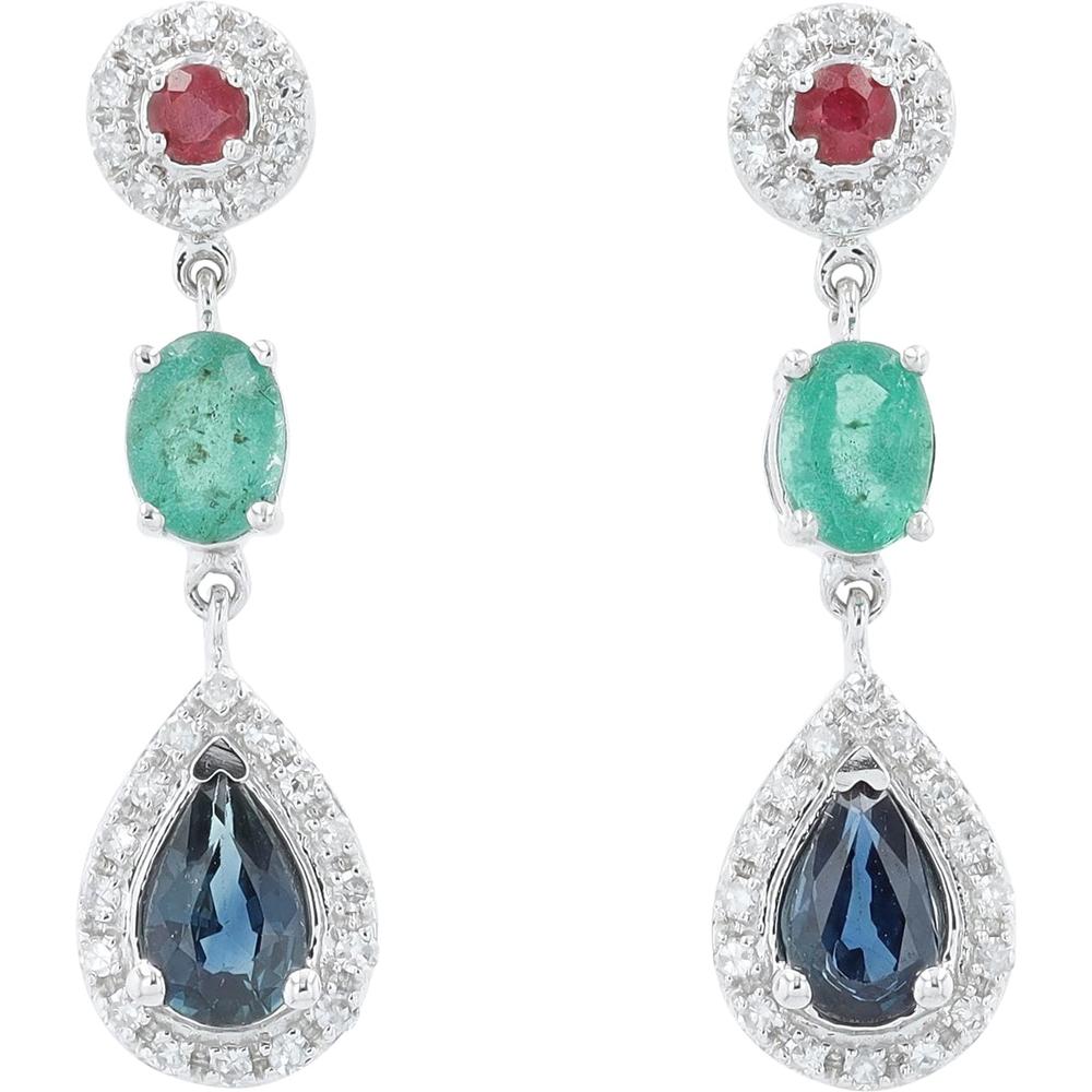 14K White Gold Ruby, Emerald & Sapphire Drop Earrings with Diamond Accents - 0.85 Carats Total Gemstone Weight